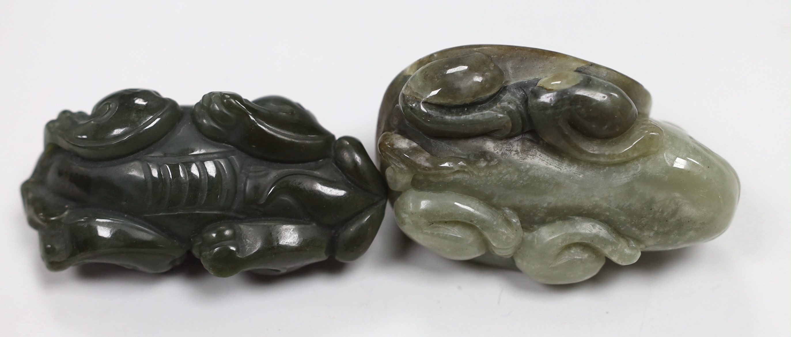 Two Chinese jade figures of a bixi and a horned tortoise, the largest 7.5cm wide
